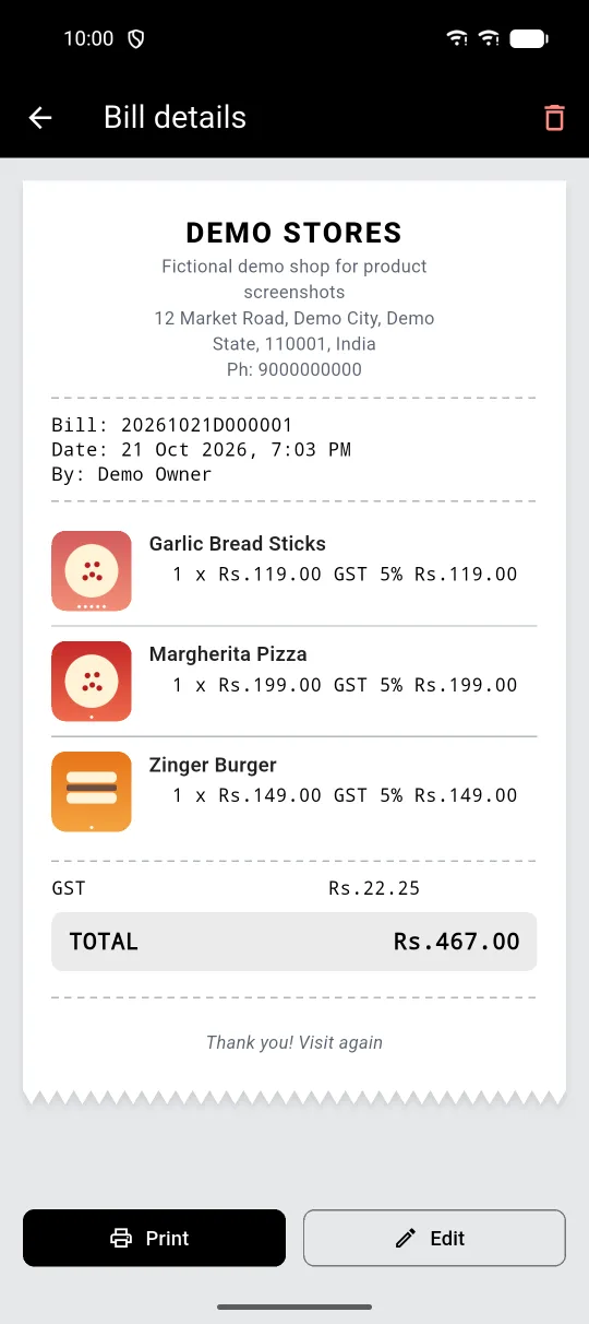 Biller app, bill details shown as a paper receipt with lines, GST and total