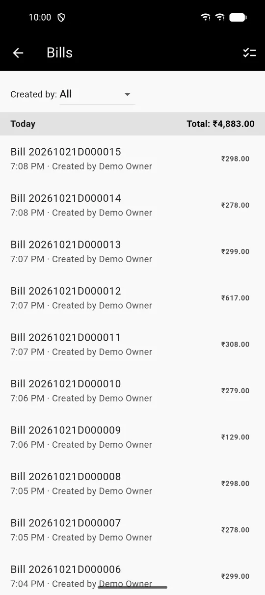 Biller app, Bills list grouped under a day heading with the total for the day
