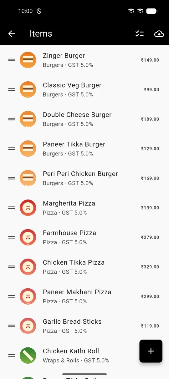 Biller app, Items list with categories, prices and GST rates