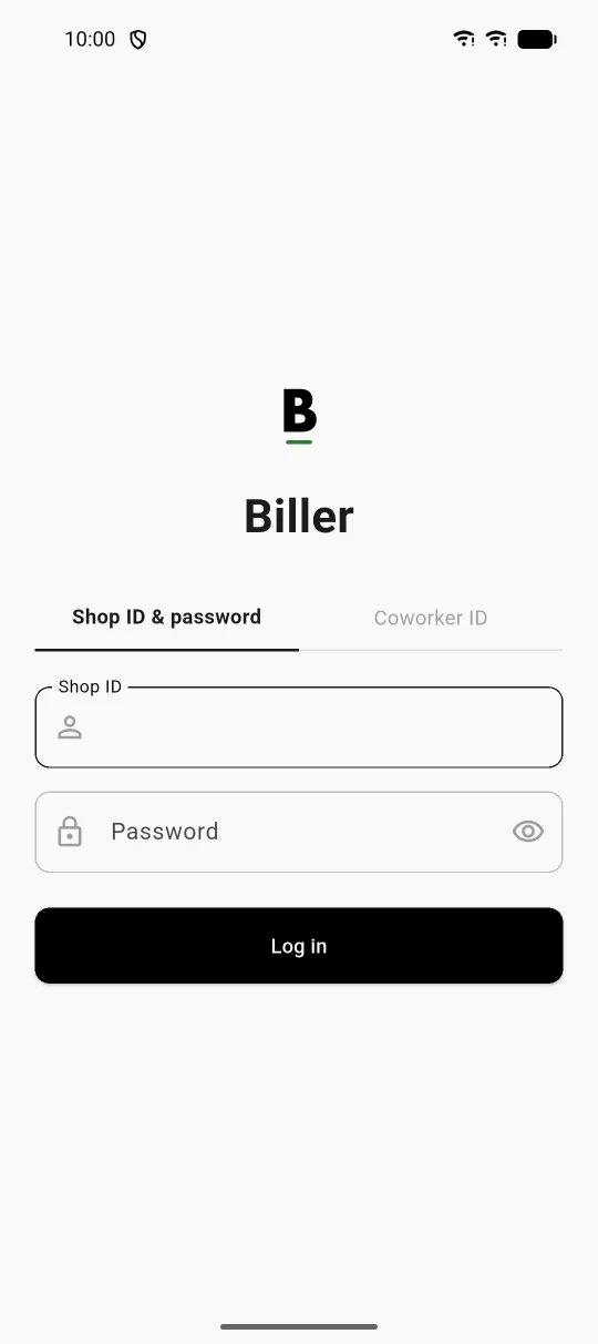 Biller app, sign-in screen with Shop ID and Password fields