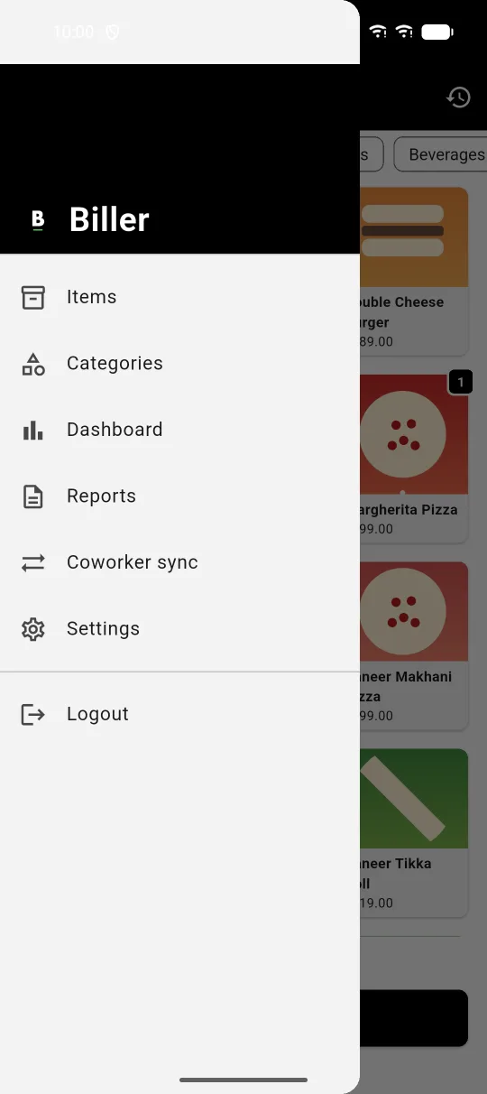 Biller app, navigation menu open over the Create Bill screen