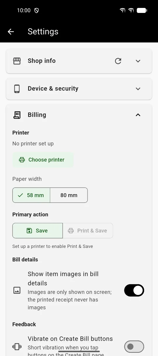 Biller app, Settings with the printer, paper width and primary action