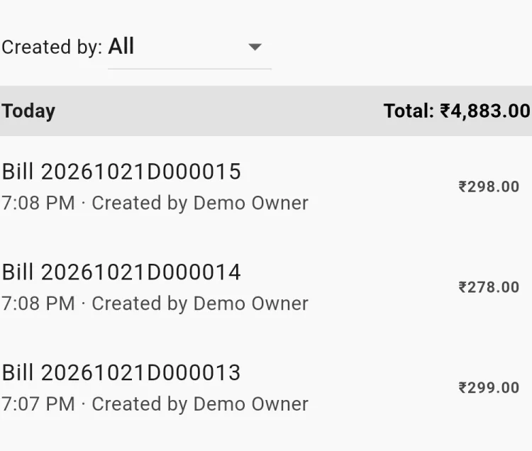 Bill list under a Today heading, with the day total and the amount and creator of each bill