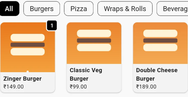 Create Bill: category chips above a grid of item tiles with pictures, names and prices