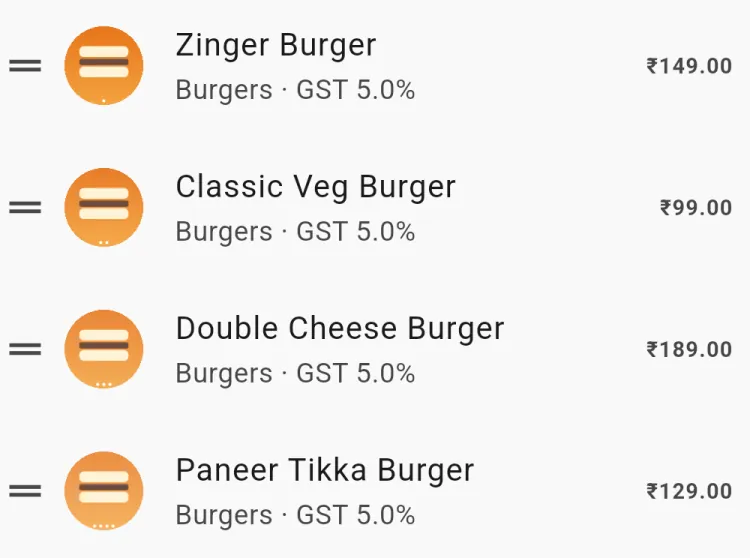 Item rows with a picture, name, category, GST rate and price