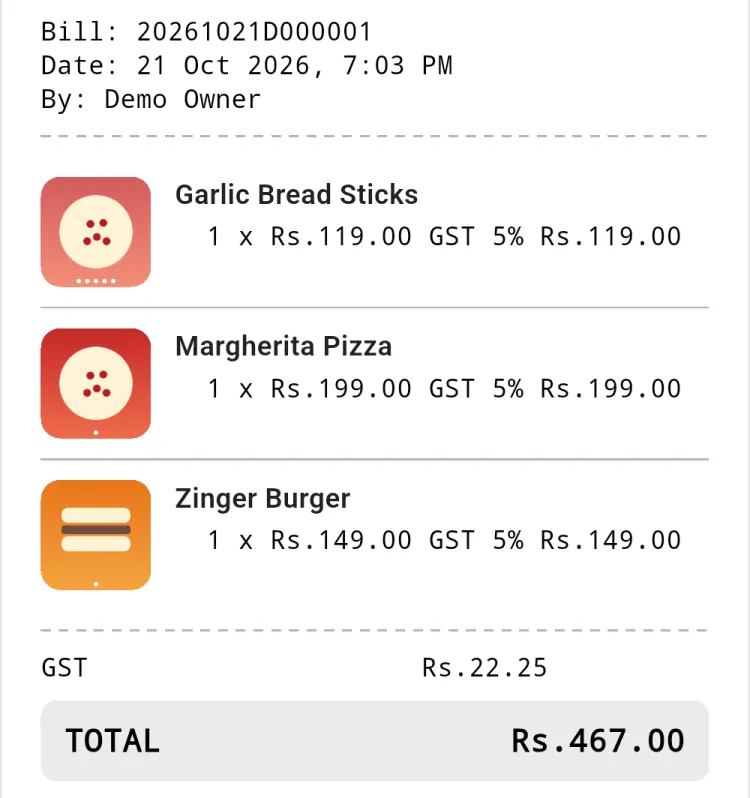 A bill drawn as a paper receipt, with its number, lines, GST and total