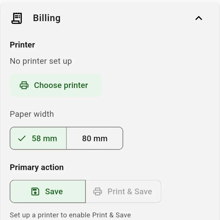 Billing settings with the printer, paper width (58 mm or 80 mm) and the primary action