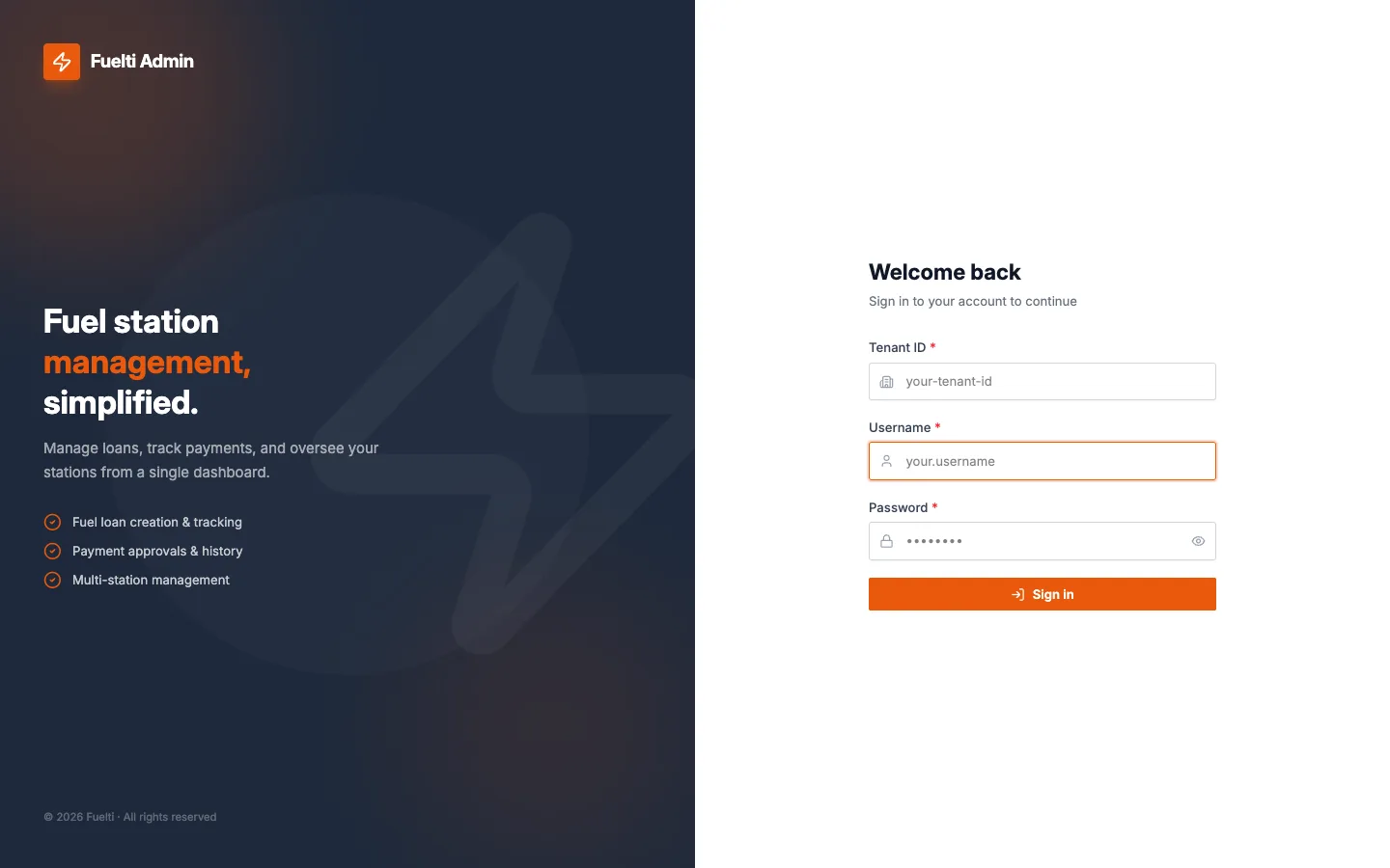 Fuelti web panel, Sign in screen with tenant ID, username and password