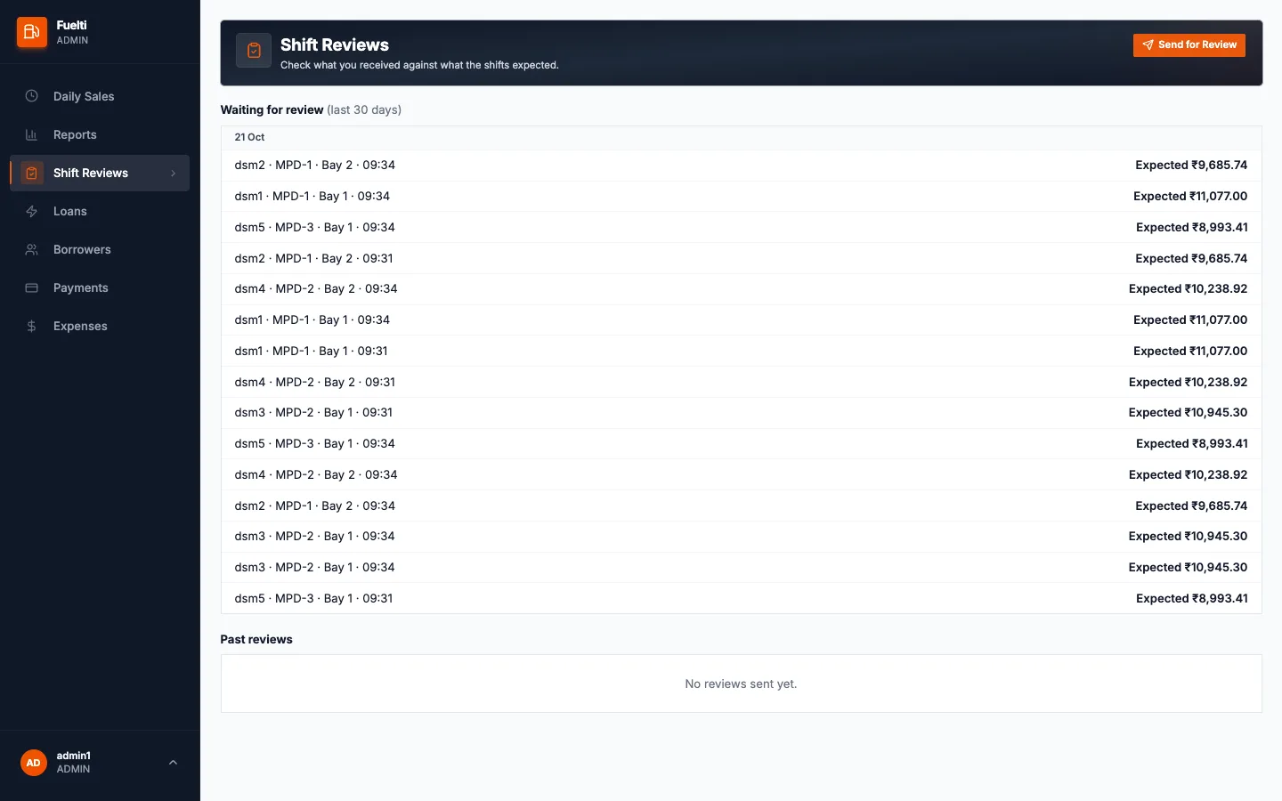 Fuelti web panel, Shift reviews screen listing shifts waiting for review