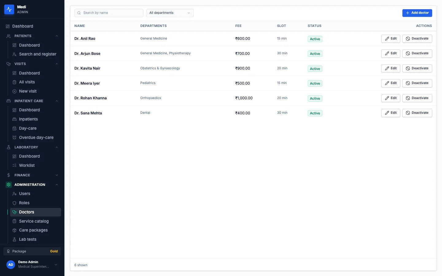 Medi doctor directory with departments, fees and slot lengths