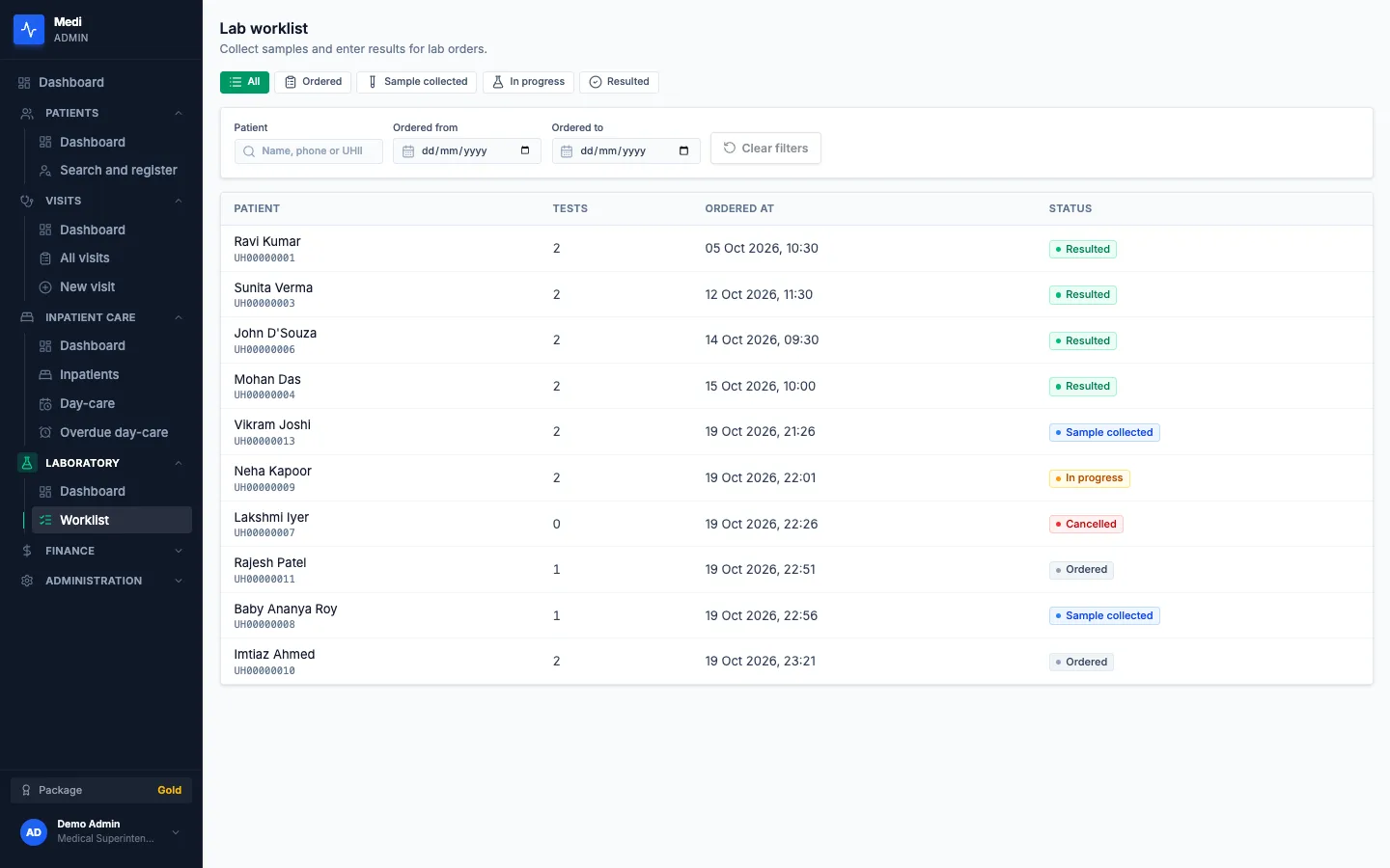 Medi lab worklist with status tabs, filters and orders with their status