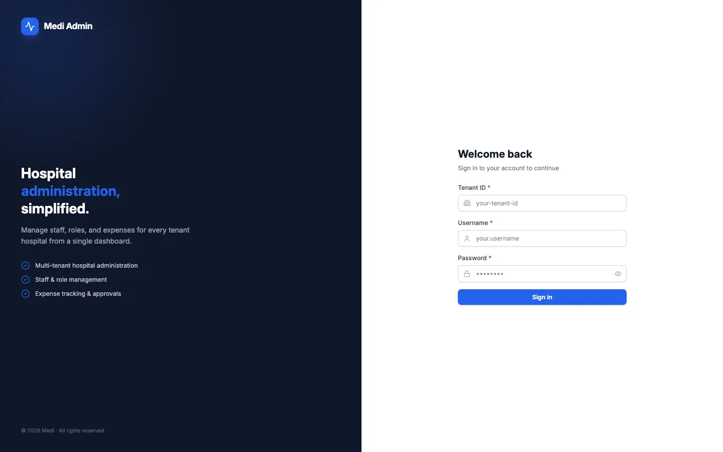 Medi sign-in screen with Tenant ID, Username and Password fields