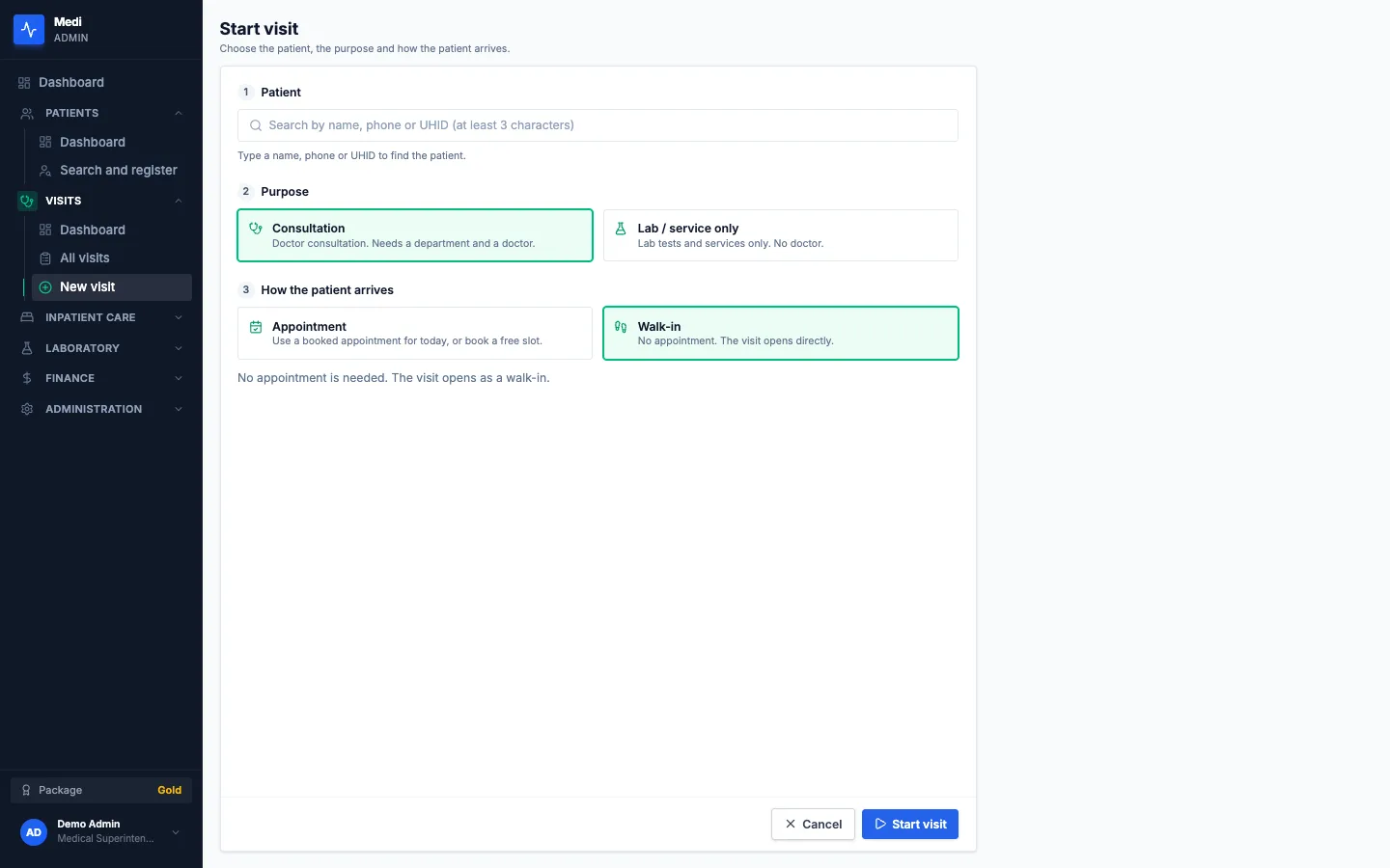Medi Start visit screen with patient search, purpose and arrival choices