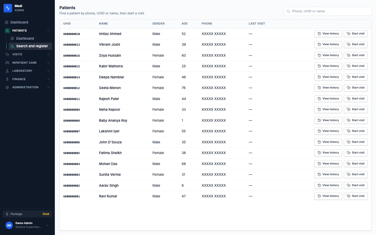 Medi Patients screen with a search box and a table of patients with View history and Start visit buttons