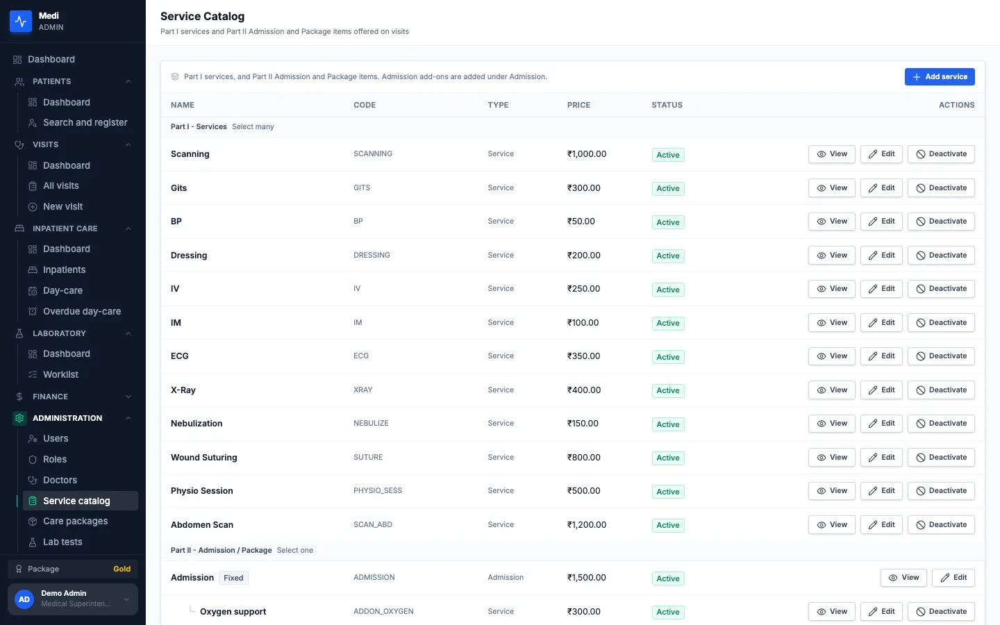 Medi service catalog with Part I services and Part II items with prices