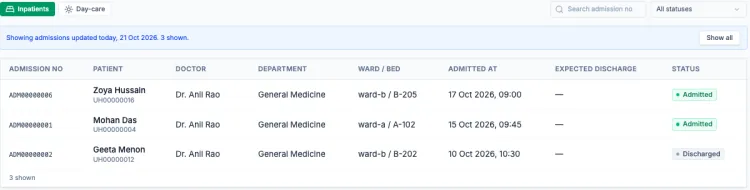 Admissions with Inpatients and Day-care tabs, and a table of admission number, patient, doctor, department, ward and bed, and status