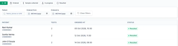 Lab worklist status tabs and filters above a table of patients, tests, order time and status