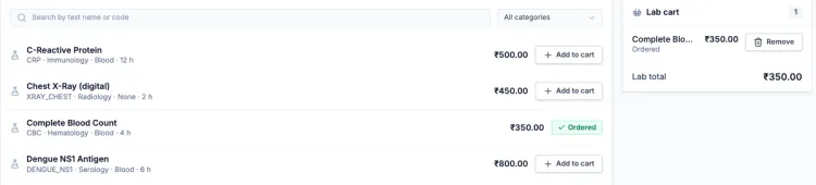 Lab test search and rows with code, category, sample type, price and an Add to cart button, beside a lab cart with its total