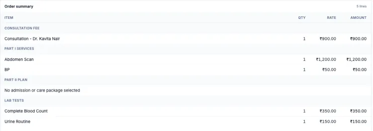 Order summary grouped by consultation fee, Part I services, Part II plan and lab tests, each with quantity, rate and amount