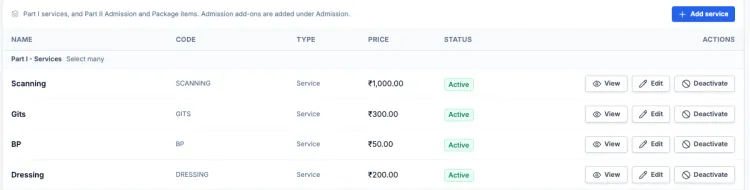 Service catalog table with name, code, type, price and status, and View, Edit and Deactivate buttons