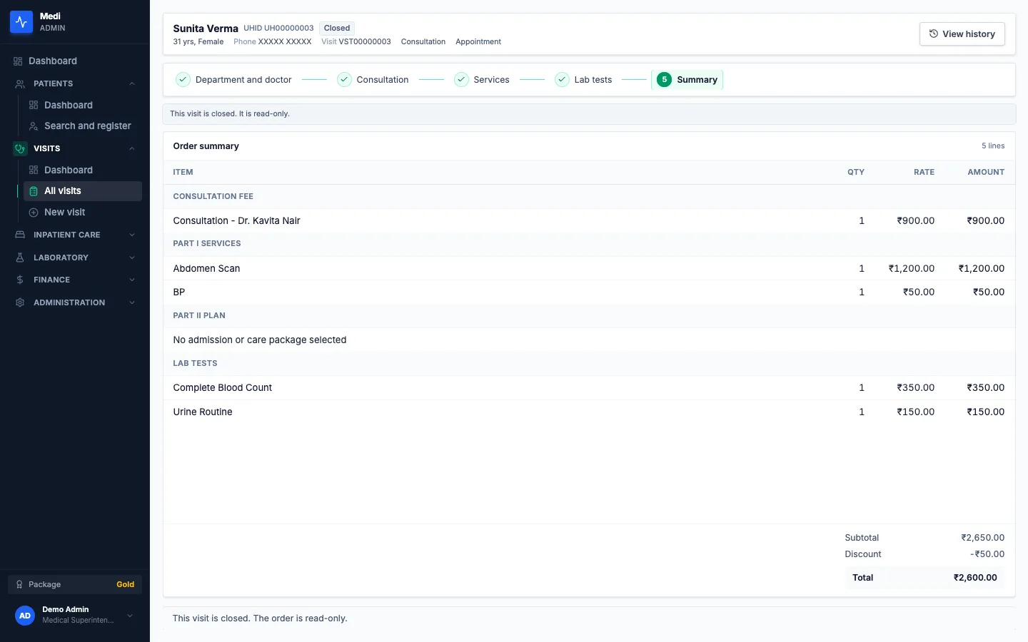 Medi visit order summary grouped by consultation fee, services, plan and lab tests, with subtotal, discount and total